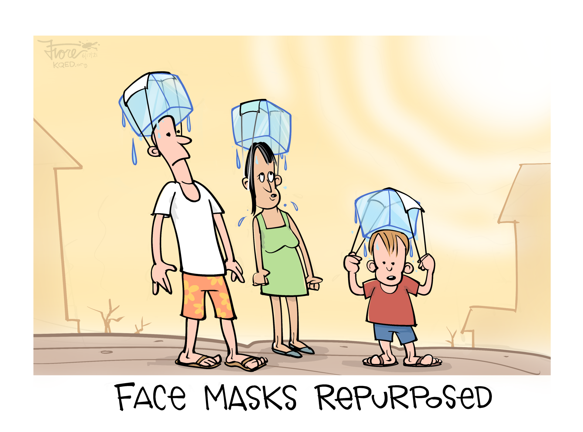A Mark Fiore cartoon about the current heat wave showing a family wearing ice blocks on their heads that are held in place by face masks, Captioned, "face masks repurposed."