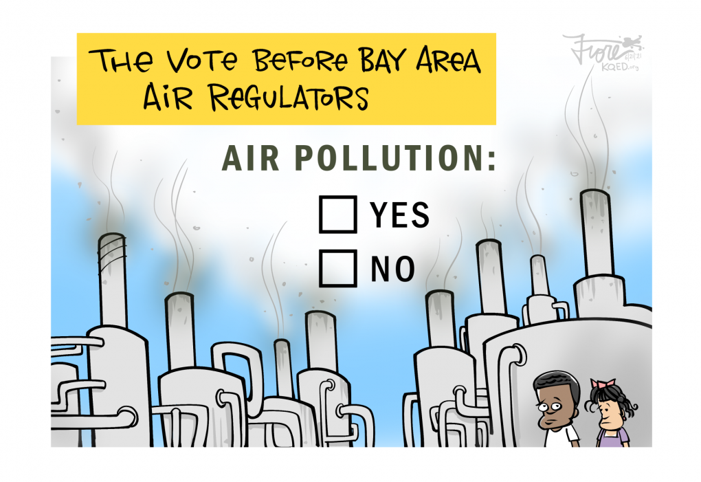 A Mark Fiore cartoon showing the choice facing Bay Area air pollution regulators as a vote between pollution: yes or no. The cartoon features refinery smokestacks and pipes and two young children looking on with concern.