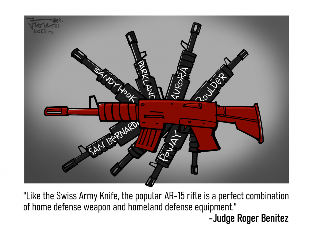 A Mark Fiore cartoon showing an assault weapon that looks like a Swiss Army Knife, with the various "blades" labeled "Sandy Hook," "Poway," "San Bernardino" and sites of other mass shootings involving AR-15 style weapons.
