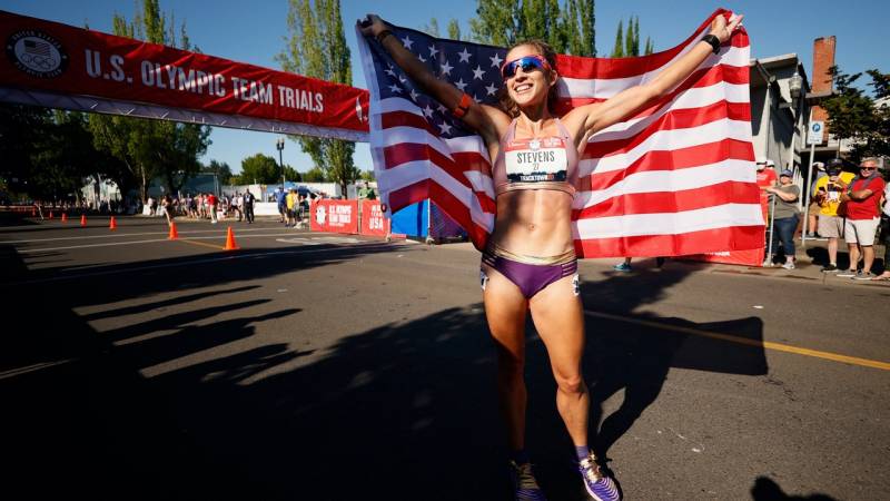 Robyn Stevens celebrates after finishing first in the Women's 20km Racewalk Final on day nine of the 2020 U.S. Olympic Track &amp; Field Team Trials at Hayward Field on June 26, 2021 in Eugene, Oregon.