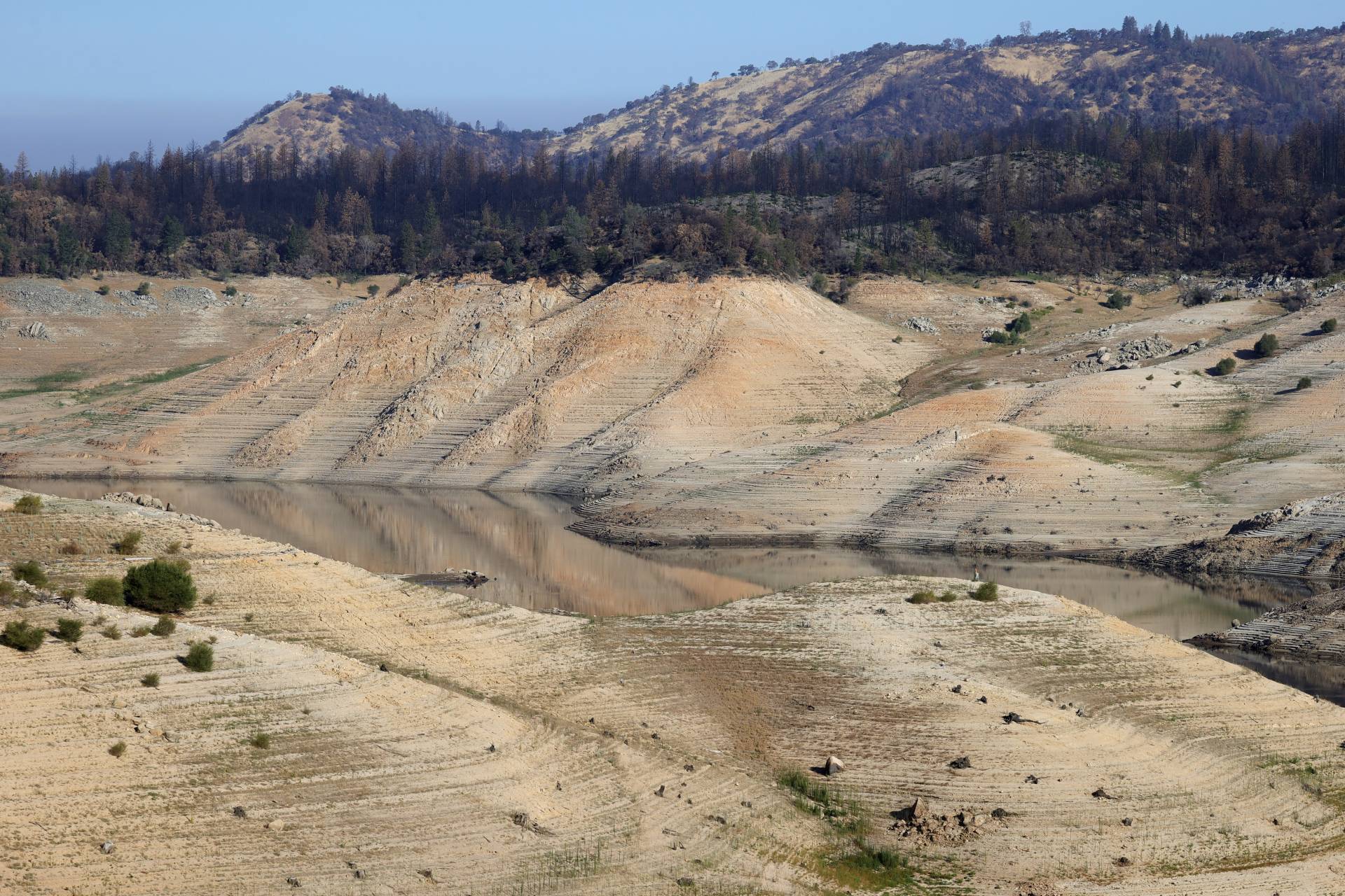 A section of Lake Oroville, shown July 22, 2021, when it had fallen to 27% of capacity.  Justin Sullivan/Getty Images