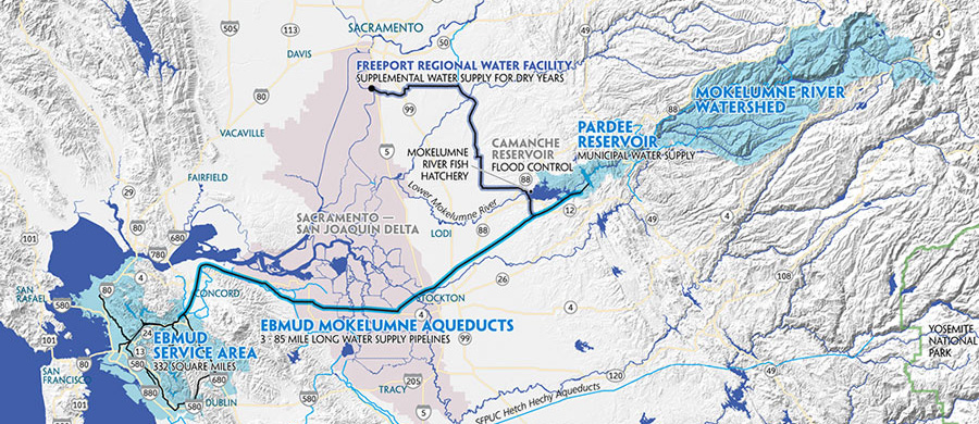 Map of the EBMUD aqueducts from the Mokelumne River Watershed.