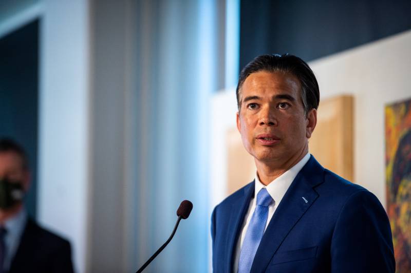 Rob Bonta speaks during a press conference in San Francisco on March 24, 2021, where Governor Gavin Newsom announced his nomination for California attorney general.