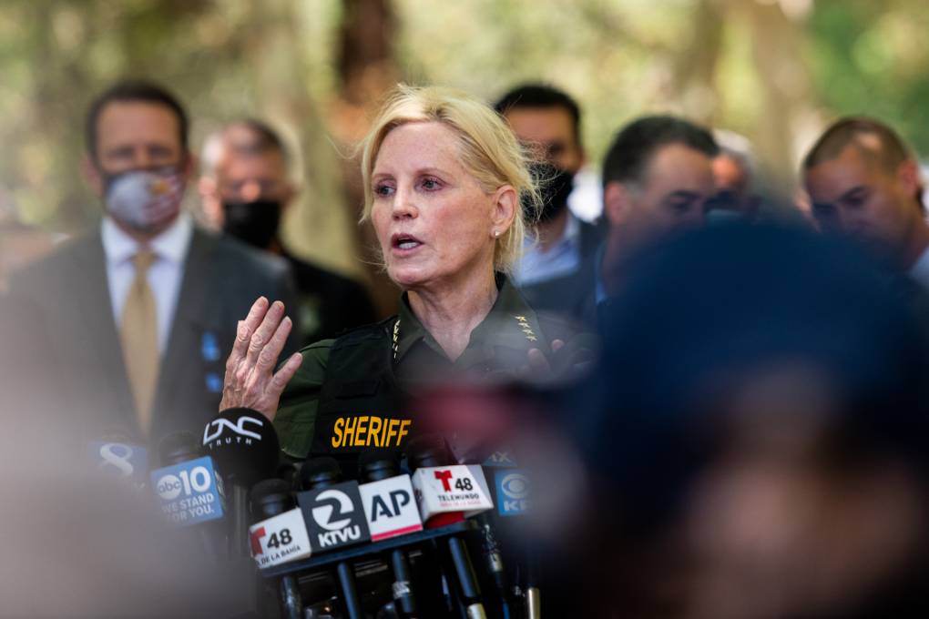 In the photo, Santa Clara County Sheriff Laurie Smith speaks during a press briefing.