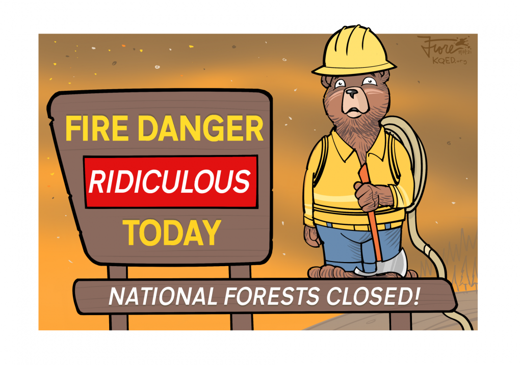 A sign reads, "Fire Danger 'Ridiculous' Today," "National Forests Closed." Smokey the Bear is in firefighting gear on the sign as well.
