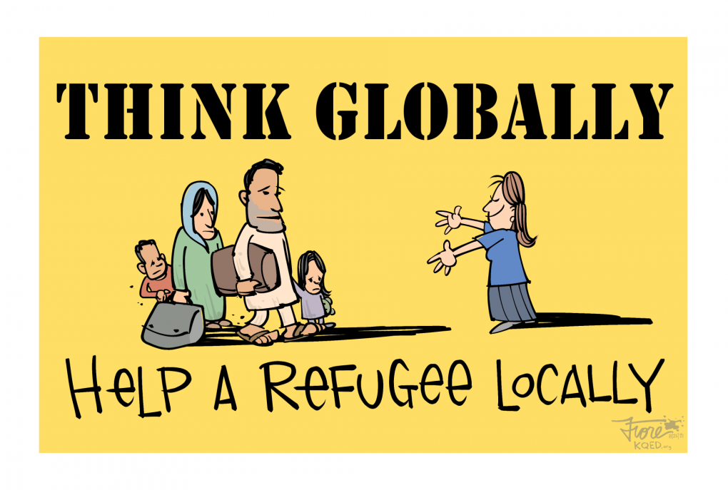 Cartoon shows a woman with open arms welcoming an Afghan refugee family. Text reads “Think globally, help a refugee locally.”