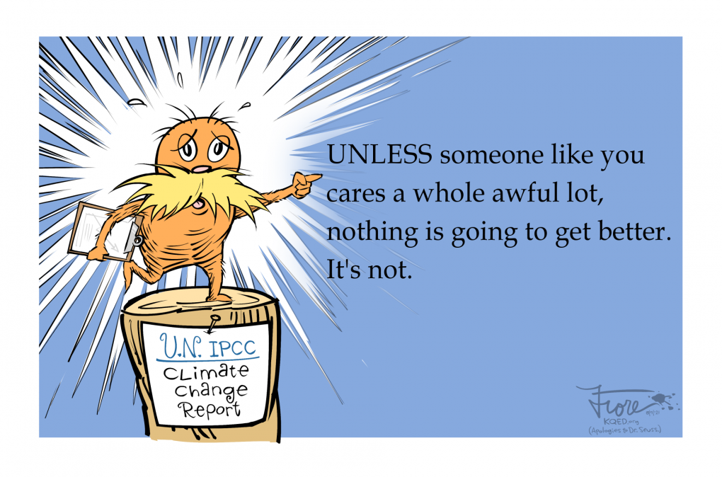 A Mark Fiore cartoon featuring the Lorax from Dr. Seuss. The Lorax sits on a stump and points to one of the last lines from the book, "UNLESS someone like you cares a whole awful lot, nothing is going to get better. It's not." The stump has a sign on it that reads, "U.N. IPCC Climate Change Report."