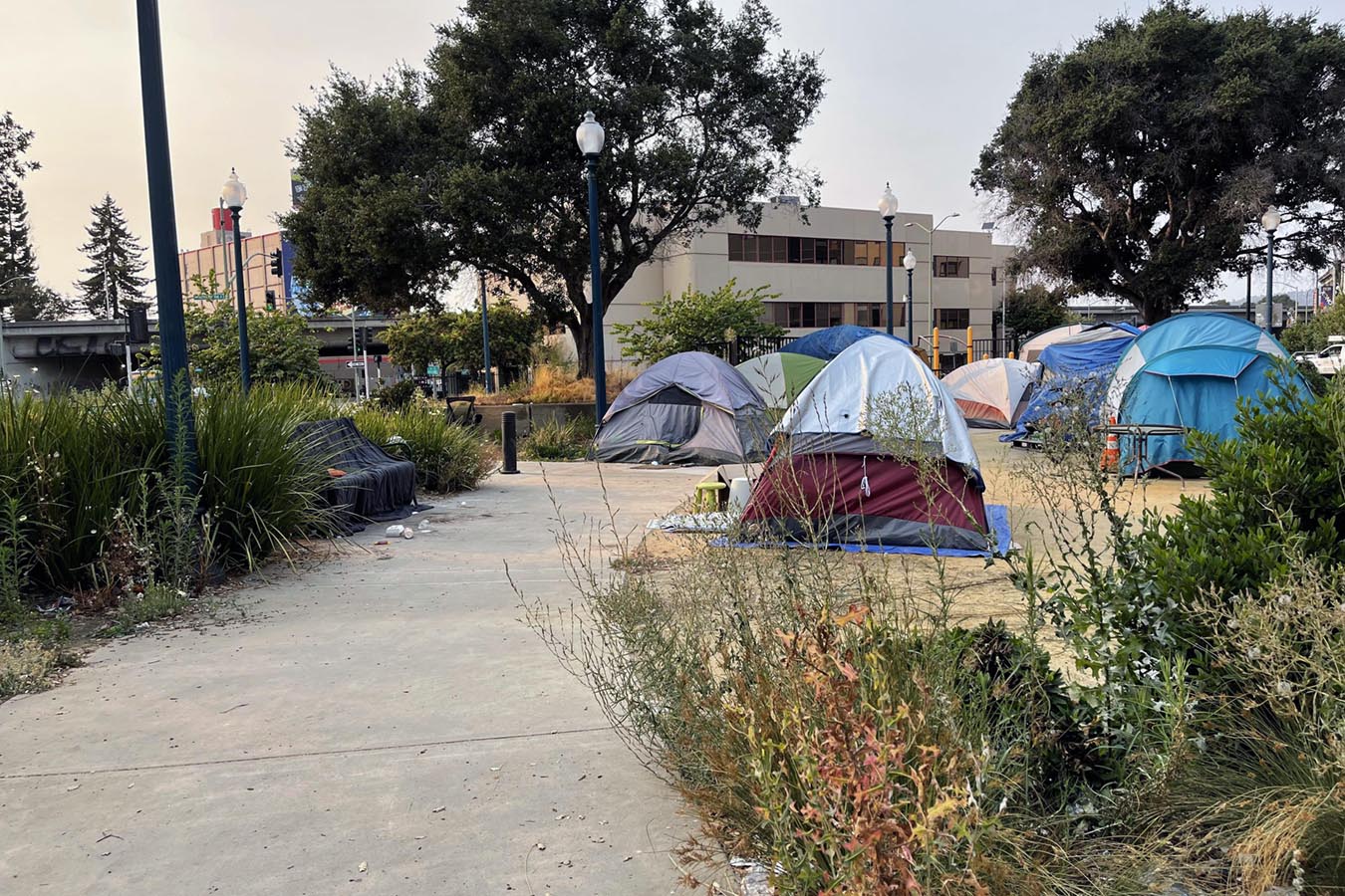 A row of tents alongside a cement sidewalk in an urban park surrounded by buildings.