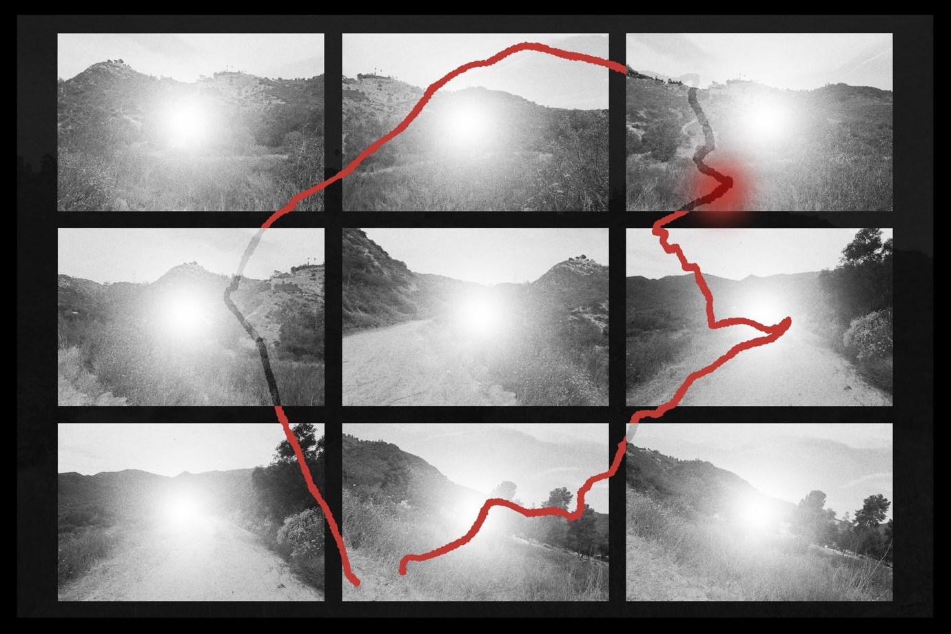 An illustration composed of nine black-and-white squares that include images of the Lippe Hike, overlaid with a red outline of the trail.