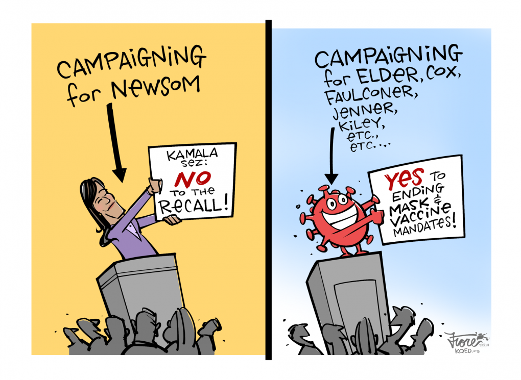 Cartoon: Kamala Harris "campaigning for Newsom" juxtaposed with an image of a COVID character campaigning for GOP candidates who oppose mask & vaccine mandates.
