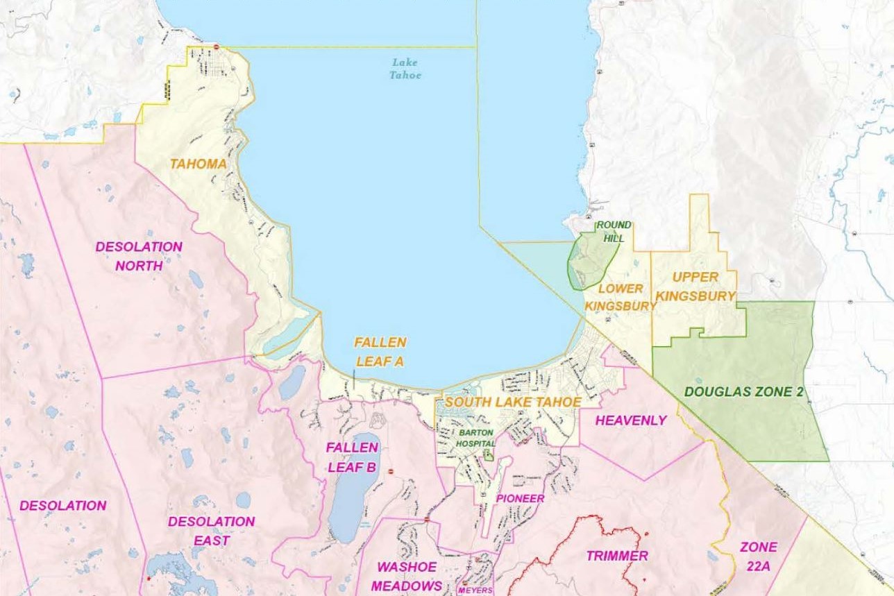 A map of the southern shore of Lake Tahoe. Tahoma, Fallen Leaf A, South Lake Tahoe, and Lower and Upper Kingsbury are in yellow.
