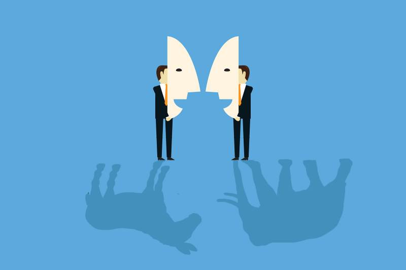 An illustration of two people facing each other but holding up masks.