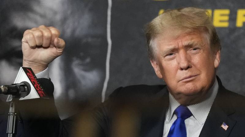 Close-up of Donald Trump raising his fist toward a microphone.