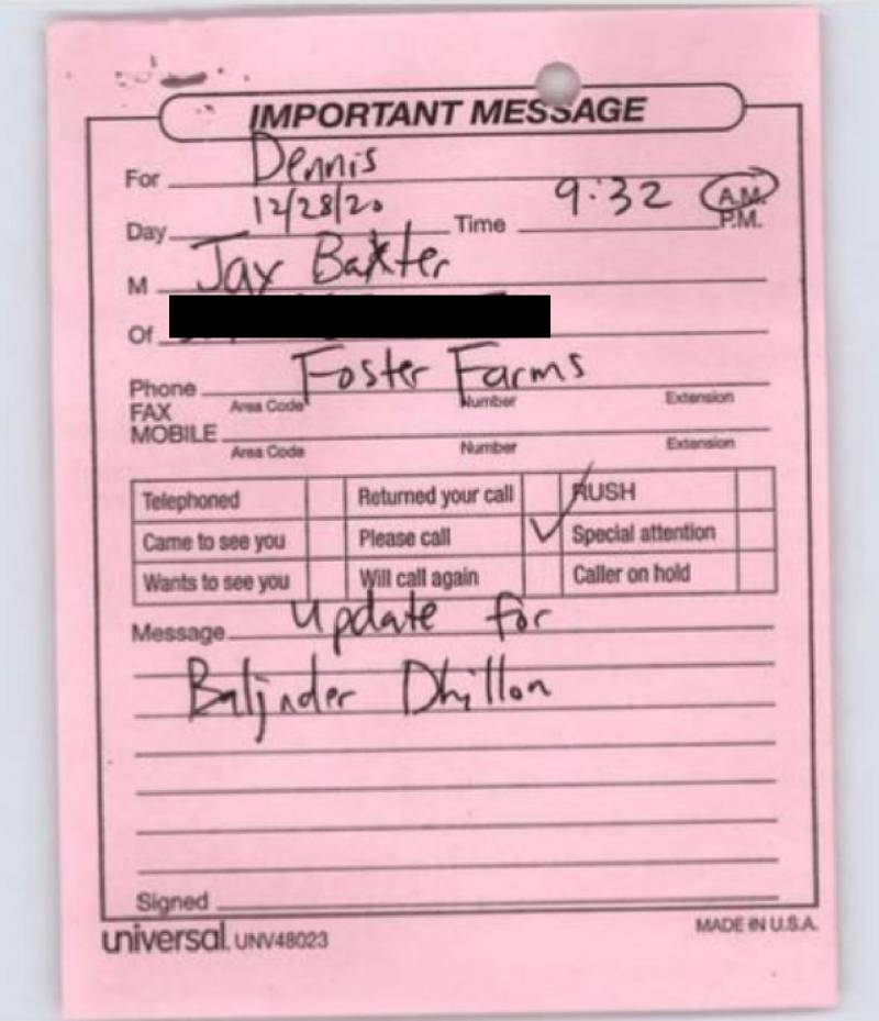 A pink "Important Message" note with lines filled in, including "For: Dennis," "Day: 12/28/20," "Time: 9:32 A.M.," "M: Jay Baxter," "Phone: Foster Farms," and a box for "Please call" checked.
