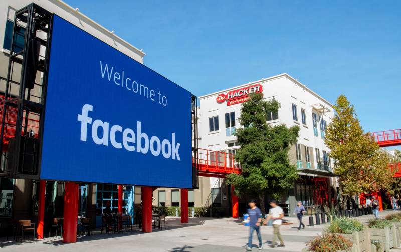 A giant digital sign is seen at Facebook's corporate headquarters campus in Menlo Park, California.