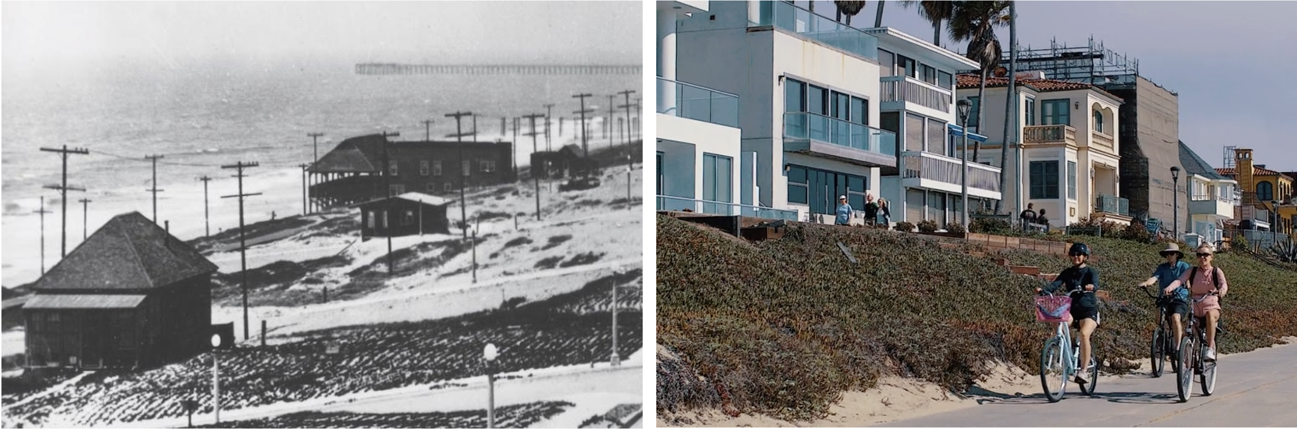 On the left, a black-and-white photo of a dune with only a couple buildings on it and many telephone poles. On the right, cyclists along an asphalt beachfront beyond rows of buildings.