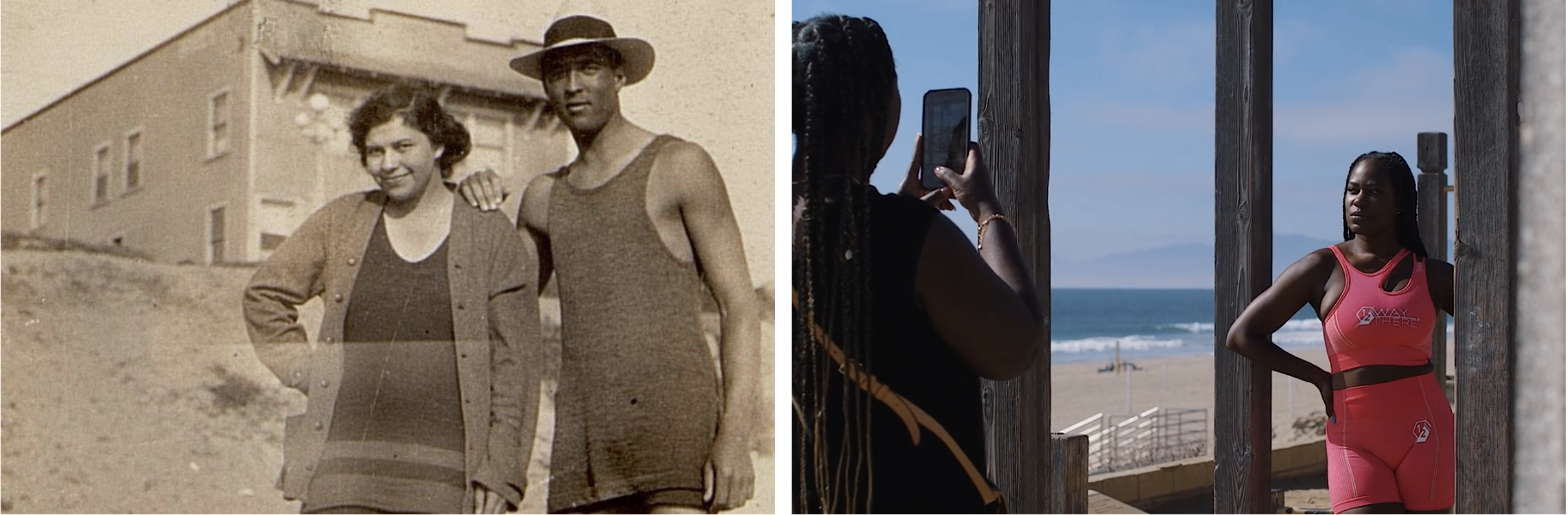 On the left, a sepia-toned photo of a couple, dressed in conservative beachwear, smiling, the man's hand on the woman's shoulder. On the right, a woman in a neon pink workout outfit poses as someone takes a photo with a mobile phone.