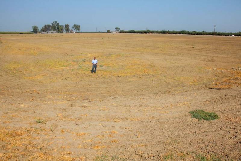 A long shot of a vast, dry field, with the small outline of a person just off the center.