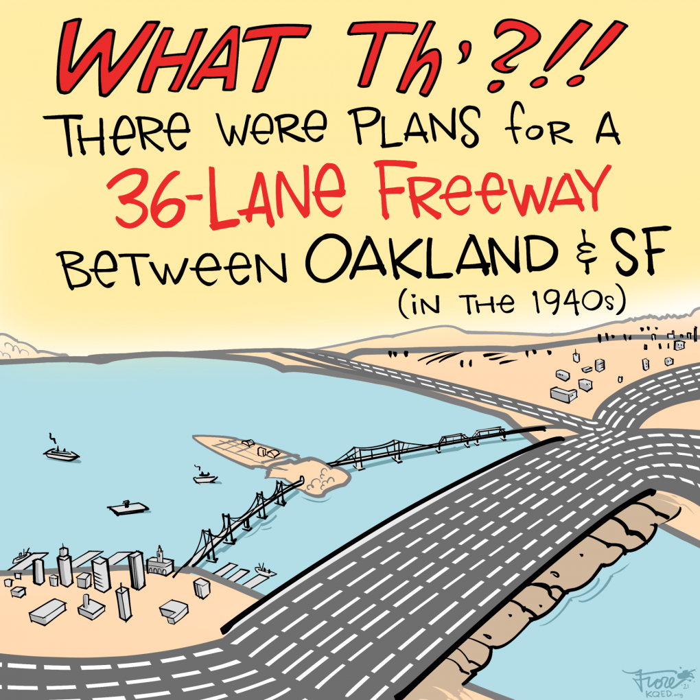Cartoon: an overhead view of a huge freeway across the Bay. "What th'?! There were plans for a 36-lane freeway between Oakland & SF (in the 1940s).