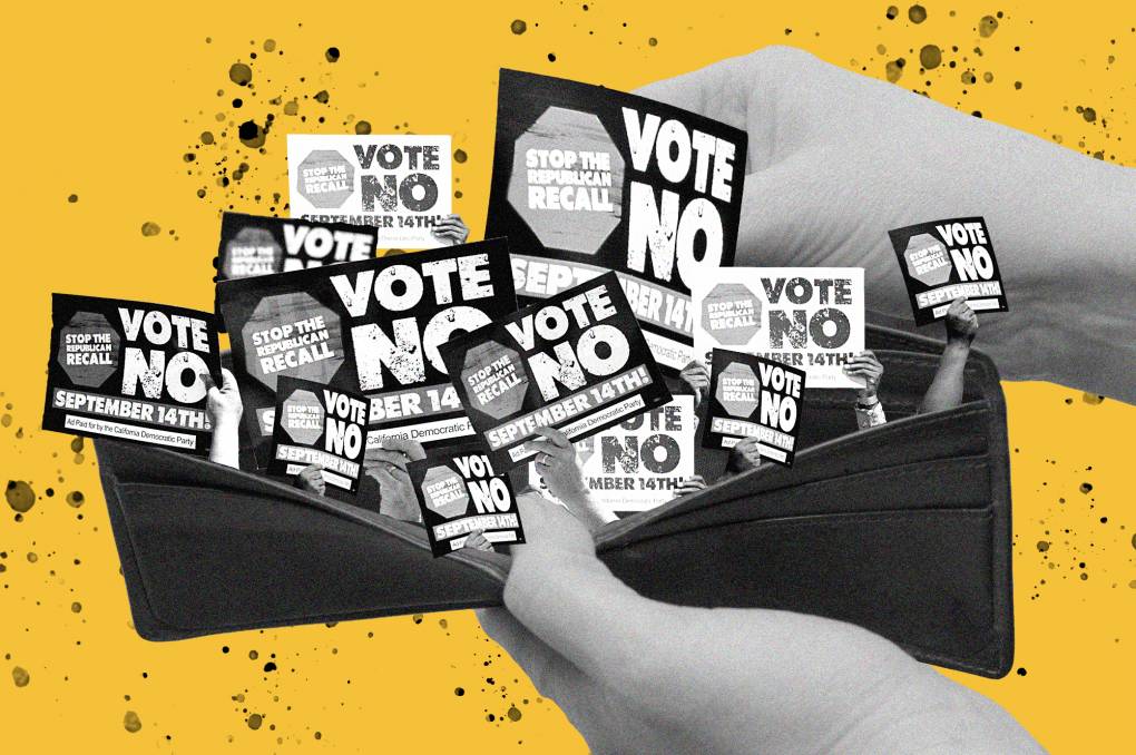 An illustration shows a pair of hands opening up a wallet with many 'Vote No on the Recall' signs.