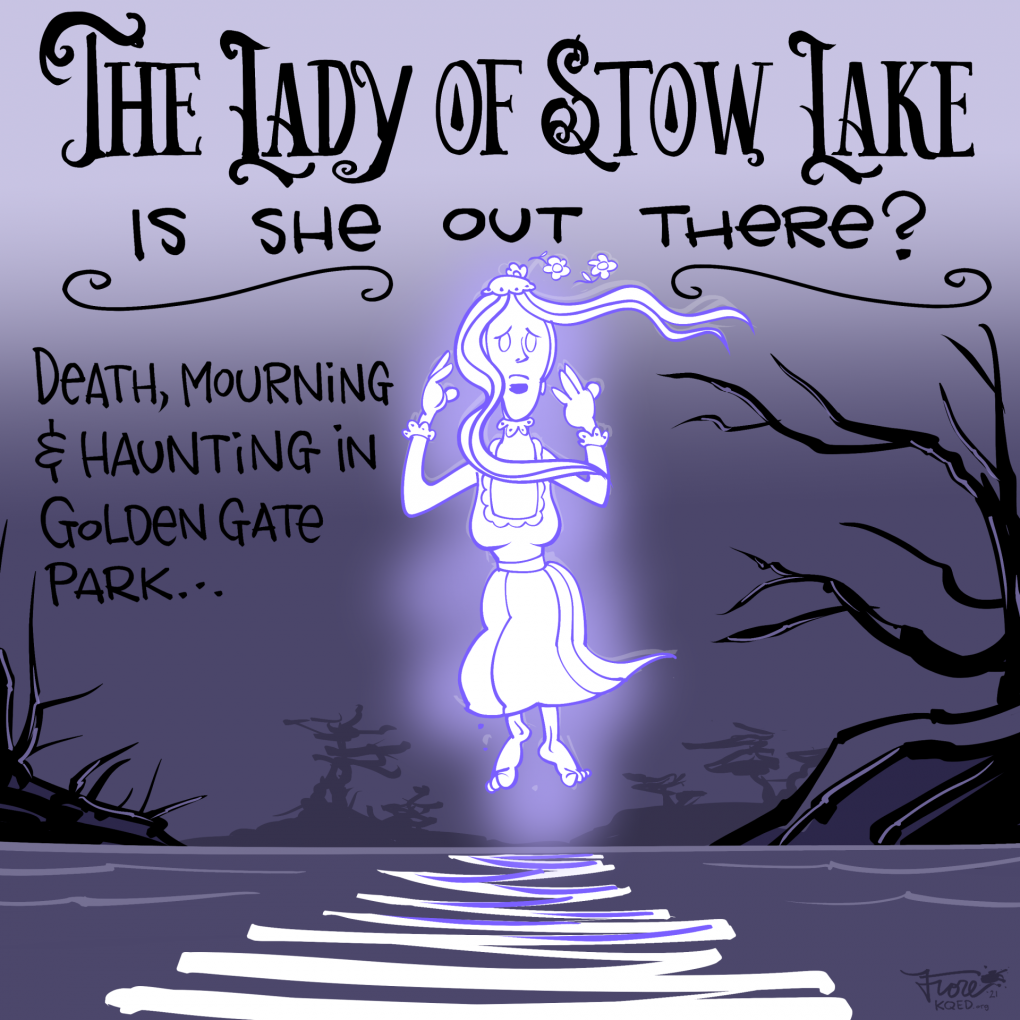 Cartoon: A ghostly image of a Victorian-era woman floating above a dark, spooky lake. Text reads, "The Lady of Stow Lake, is she out there?"