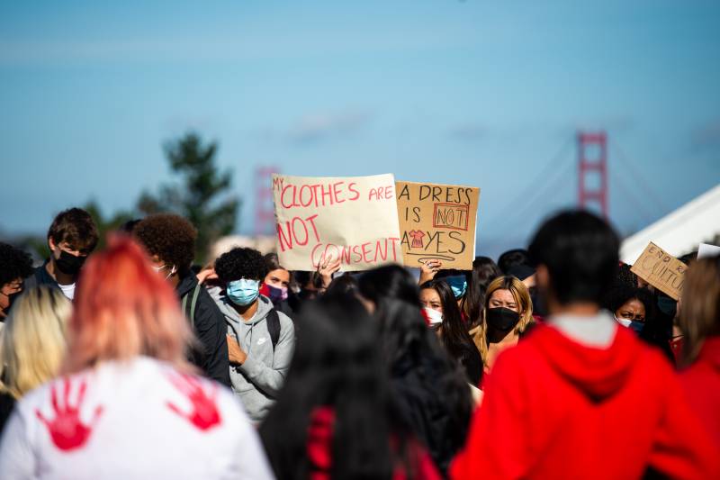 A photo showing the backs of students at a protest, with some holding protest signs. From left to right, a student in a white tshit with red palm prints, a student in a black shirt, and a student in a red shirt. The Golden Gate Bridge is visible in the distance in the right hand side of the frame.