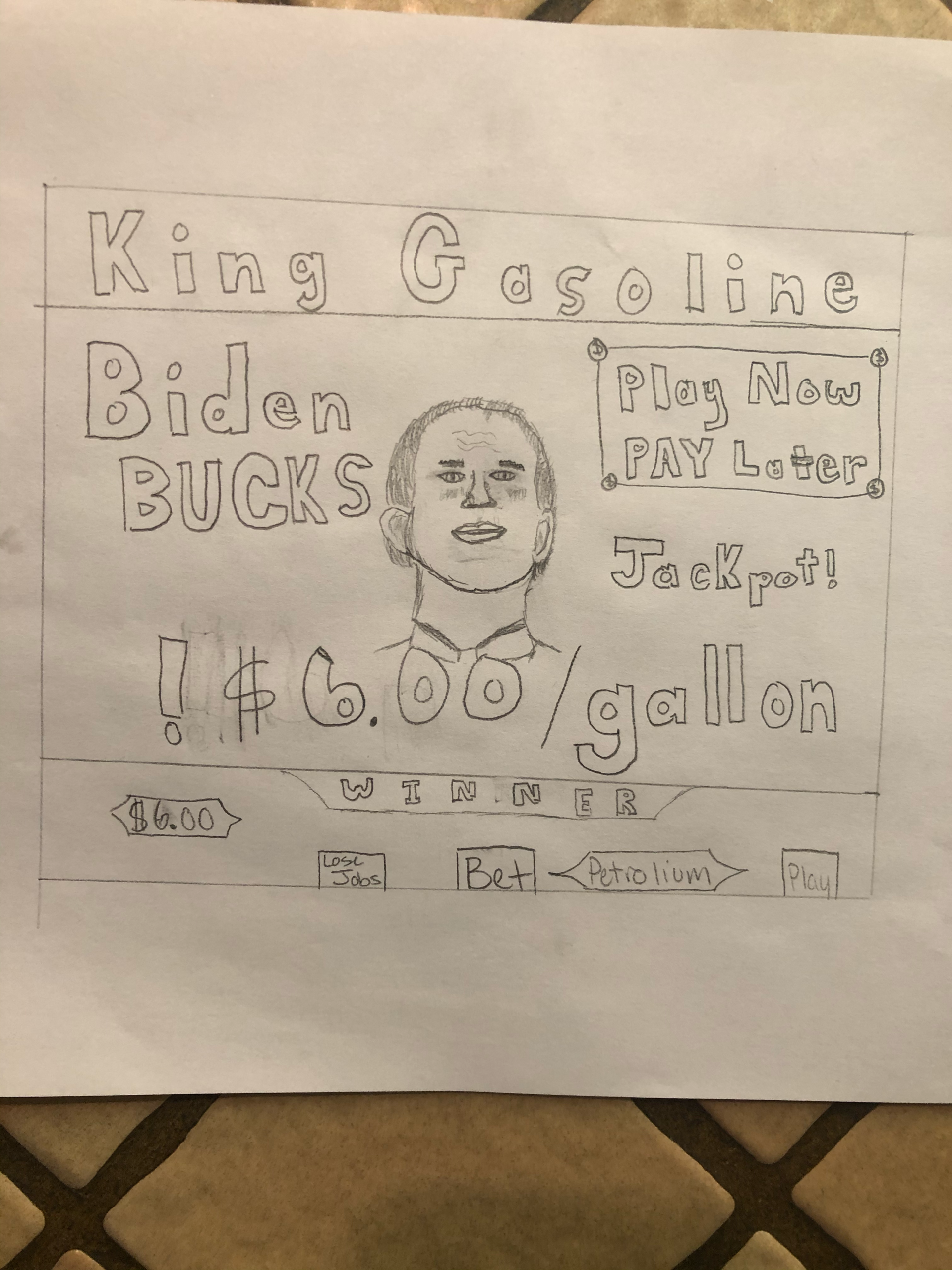 A "Youth Media Challenge" cartoon that is mostly text with a caricature of Joe Biden in the center. The top reads "King Gasoline" and below says "Biden Bucks" and "$6 per gallon." The bottom reads "lose jobs."