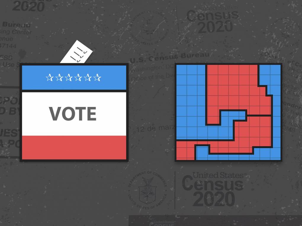 A drawing of an electoral box next to a geographic map that has had superimposed electoral district lines.