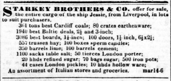 Old timey newspaper announcement of the ship Jesse and her cargo.