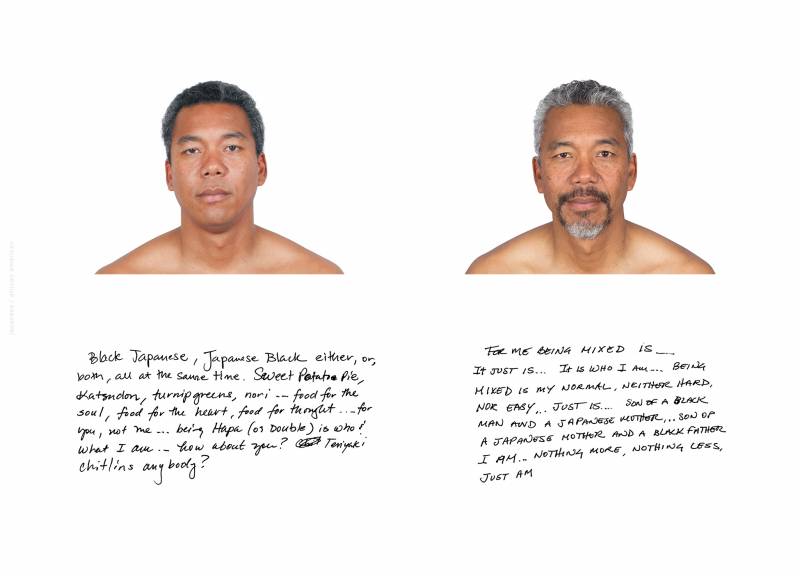 Two portraits, side-by-side, of a shirtless man from the collarbone up. The man describes his ethnicity as Black and Japanese. On the left, his hair is black, and his face is bare. On the right, 15 years later, his hair is streaked with white and he sports a salt-and-pepper goatee. 