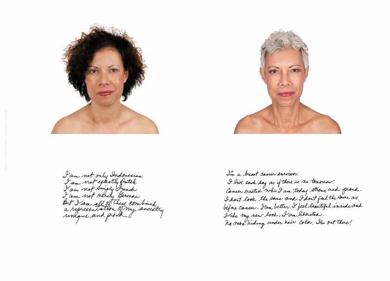 Two portraits of a shirtless woman from her collarbone up. On the left she sports frizzy dark brown hair that has volume. In the right photo, taken 15 years later, her hair is white and close-cropped. She's smiling in both photos.