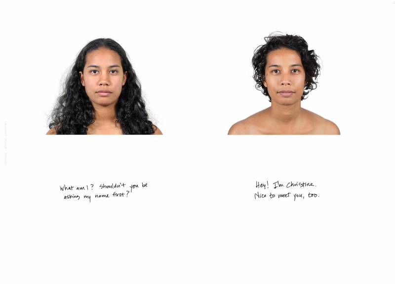 Two portraits of the same shirtless woman taken from the collarbone up. On the left, her hair is long and black, reaching past her shoulders. On the right, 15 years later, her hair is shorter and just below her ears. Her hair is wavy in both. 