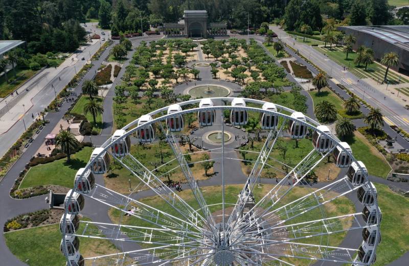 A white ferris wheel seen from above, with Golden Gate Park's concourse in the background -- green shrubberies and grass with benches and fountains.