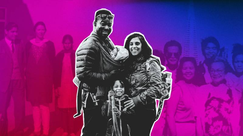 A multiracial family stand together, in black and white, in a photo graphic with a purple and blue multihue background featuring other family photos. The father is cradling a baby against his chest, and the mother has a hand on ha second child's shoulder, who is standing in the center.