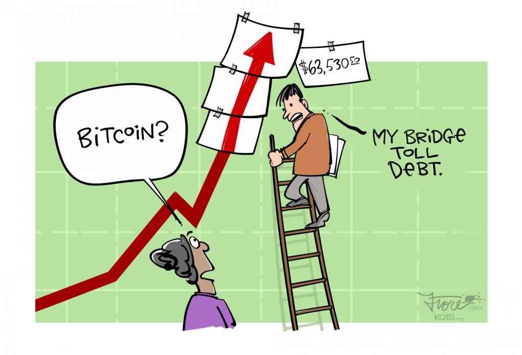 Cartoon: A man on a ladder before a stock-ticker arrow pointing up. A woman asks him, "Bitcoin?" He answers, "My bridge toll debt."