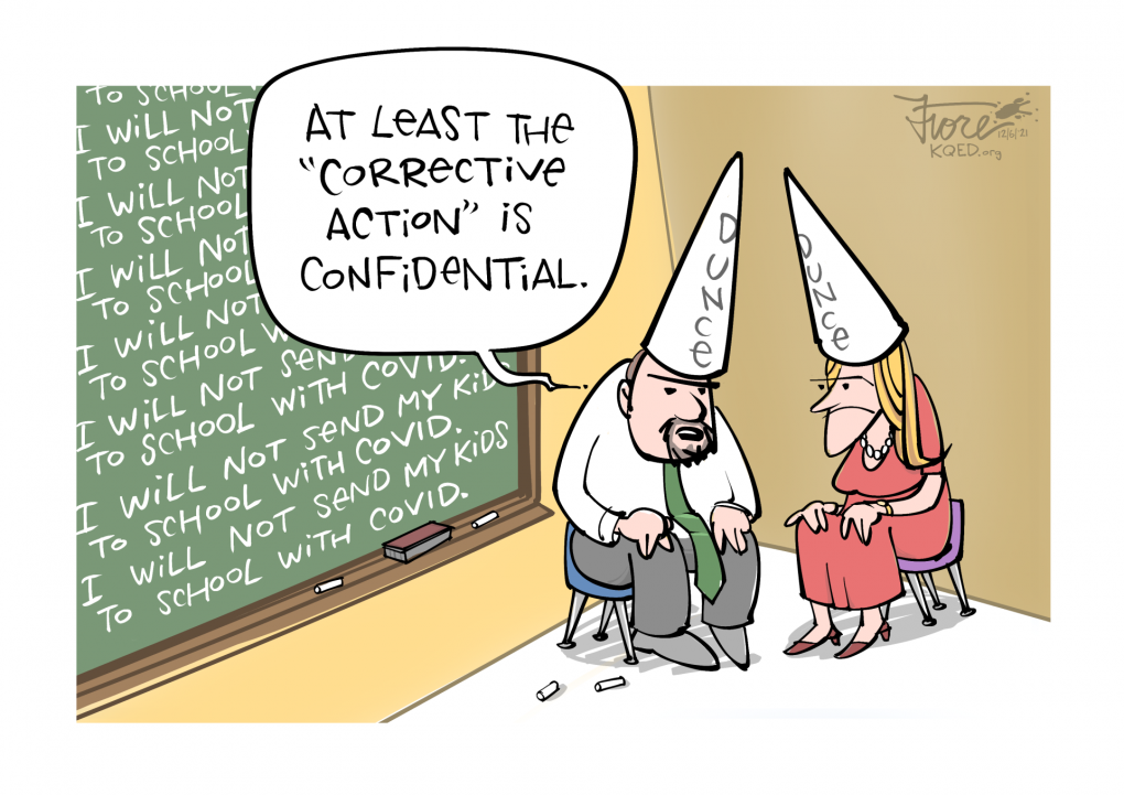 Cartoon: two parents wearing dunce caps sit in the corner next to a chalkboard with "I will not send my kids to school with covid" all over it. One parent says, "at least the 'corrective action' is confidential."