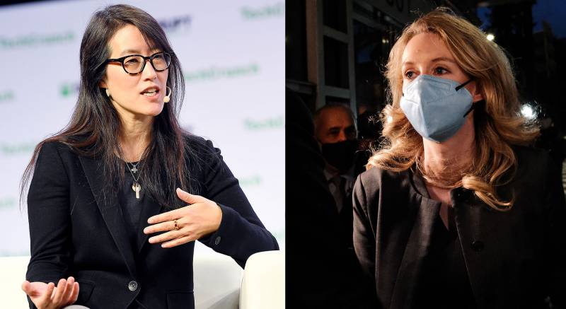 side-by-side photos of Ellen Pao, left, speaking at a conference, and Elizabeth Holmes, right, leaving court after her conviction