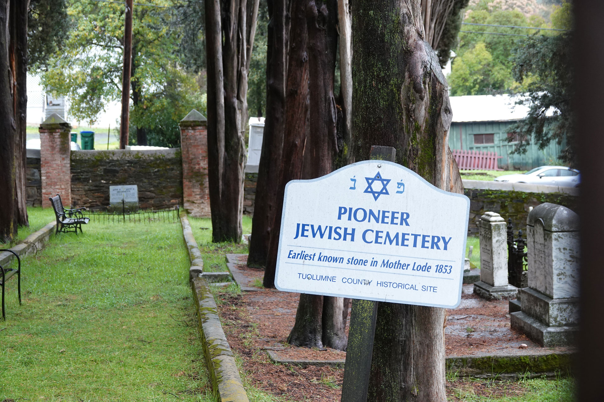 sign reading 'Pioneer Jewish Cemetery' hangs from tree with green grass and cemetery visible in background