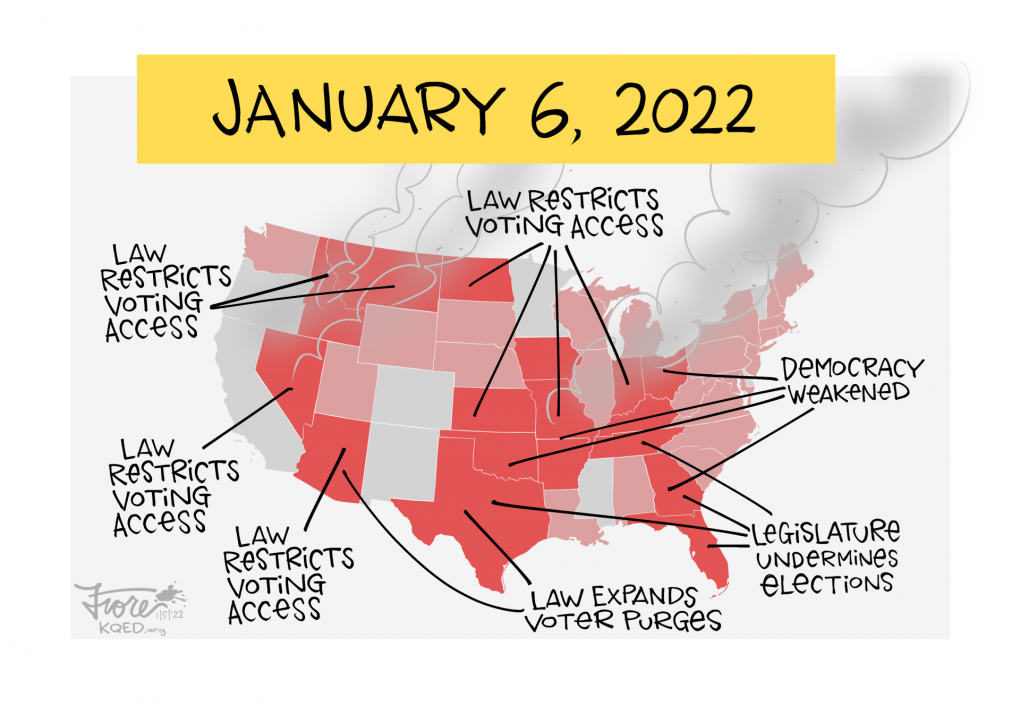 Cartoon: a U.S. map titled, "January 6, 2022." Arrows point at multiple states with labels saying, "law restricts voting access," "law expands voter purges," " democracy weakened." Some smoke rises over the nation.
