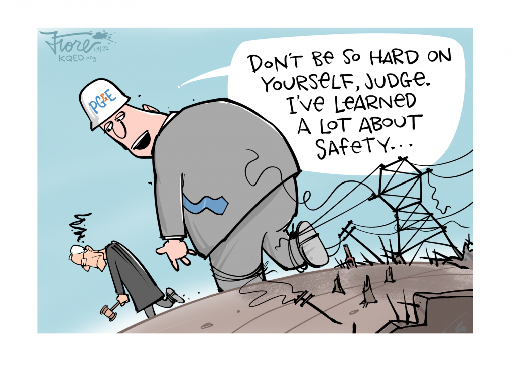 Cartoon: an annoyed judge is overshadowed by a hulking PG&E character who is tangled in power lines and fire debris. The PG&E character says, "don't be so hard on yourself, judge. I've learned a lot about safety..."