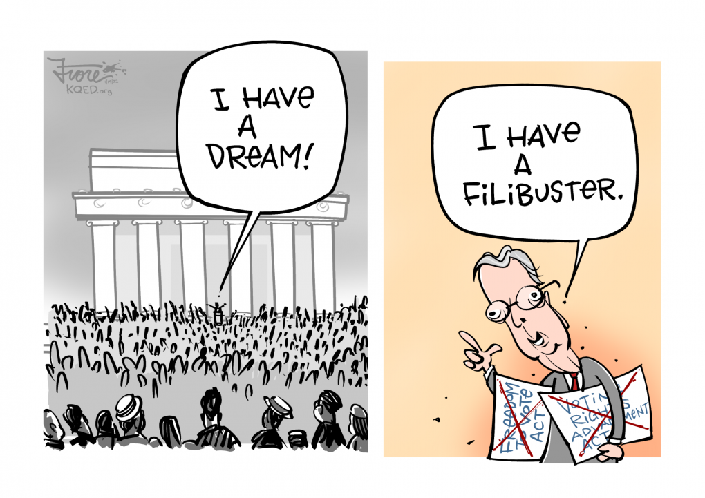 Cartoon: Martin Luther King Jr. at the Lincoln Memorial saying, "I have a dream." The second panel shows Sen. Mitch McConnell saying, "I have a filibuster."