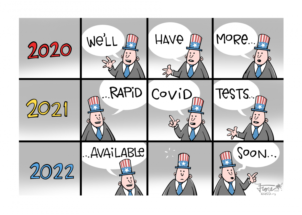 Cartoon: a corporate Uncle Sam type character saying "we'll have more rapid covid tests available soon" over the course of three years.
