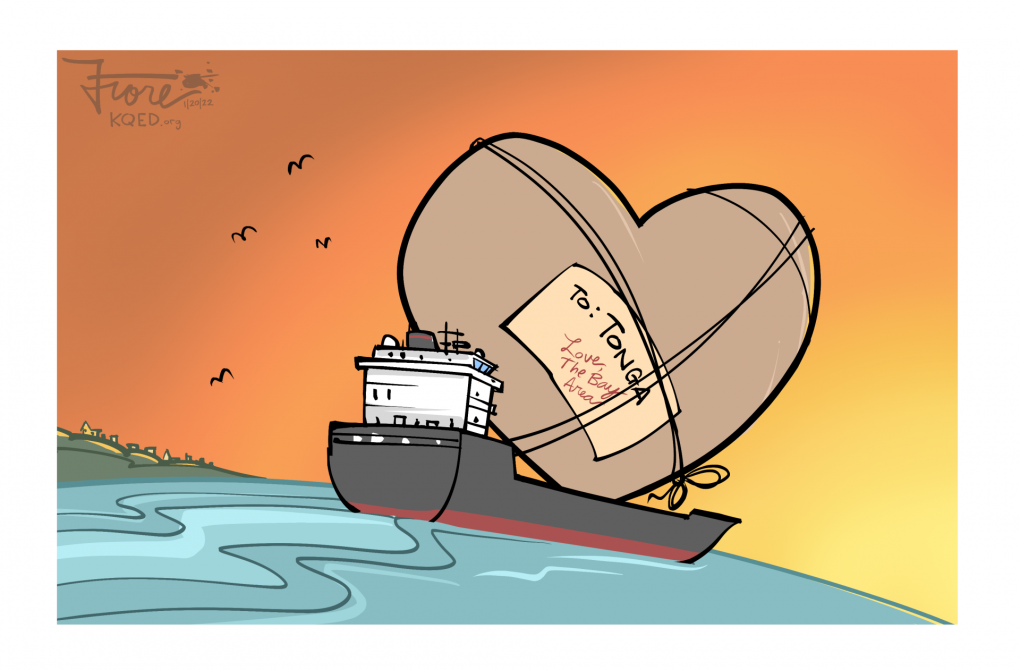 Cartoon: a container ship carries a huge wrapped heart with a tag that says, "to: Tonga, love, The Bay Area."