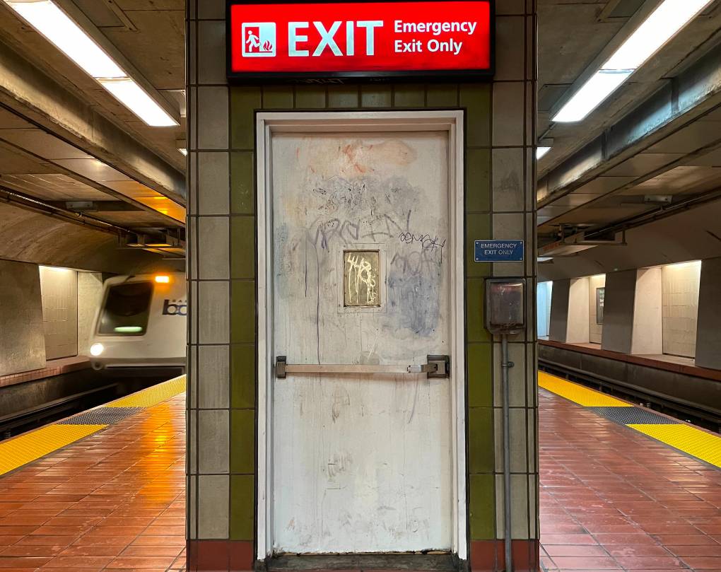 An emergency exit as BART's 16th Street/Mission station in San Francisco.