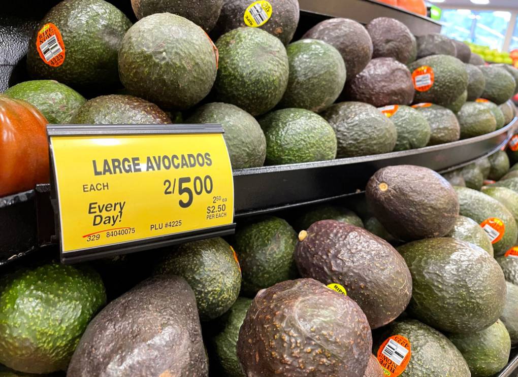 Avocados on a supermarket display shelf.