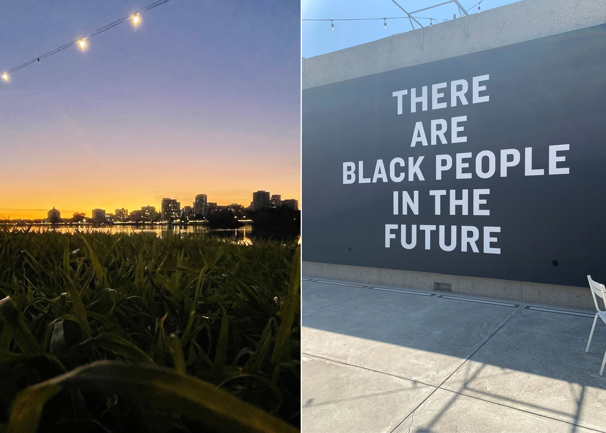 The left side shows twinkling lights over a lake as dark falls. The right shows a sign that says, "There are Black people in the future."