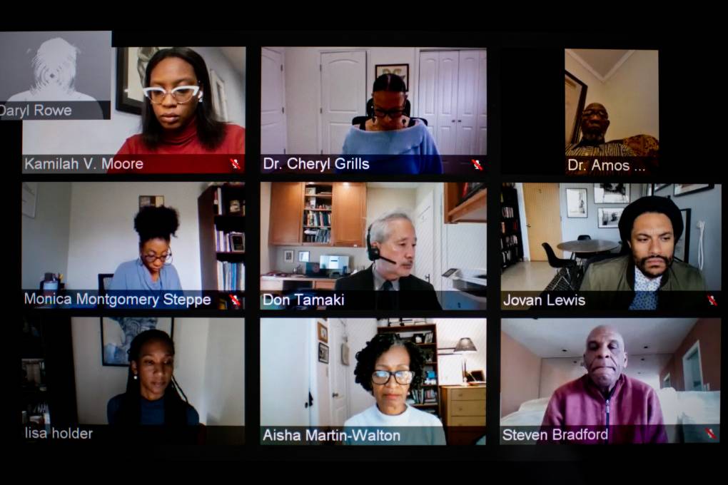 Several people from California's Reparations Task Force in their virtual boxes during a meeting.