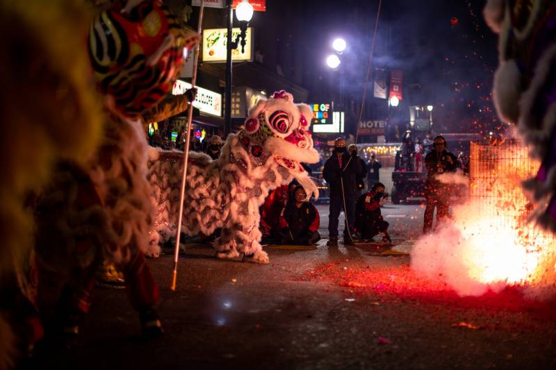 A lion costume looks into a bright fire.