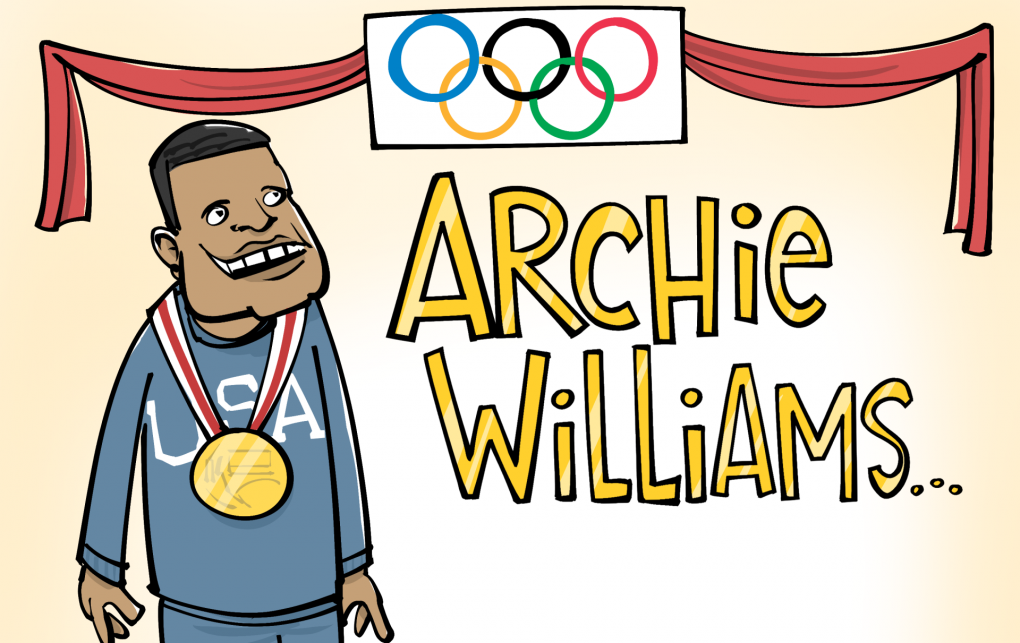 Cartoon: featuring Archie Williams, a Black Bay Area Olympic gold medalist standing with his gold medal under the Olympic rings.