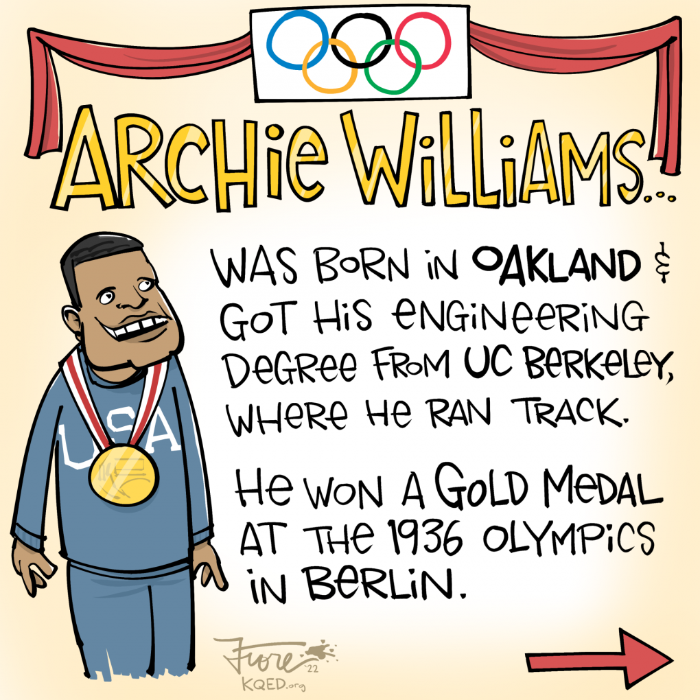 Cartoon: shows Archie Williams wearing his Olympic gold medal. He got a degree from UC Berkeley in engineering, ran track and went on to win a gold medal at the 1936 Olympics in Berlin.